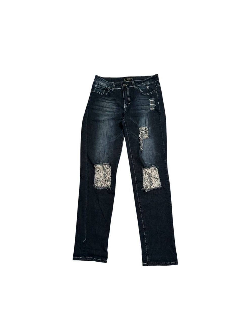 L&B Lucky & Blessed Denim Jeans Womens 8 Manufactured Distressed W/ Holes & Lace